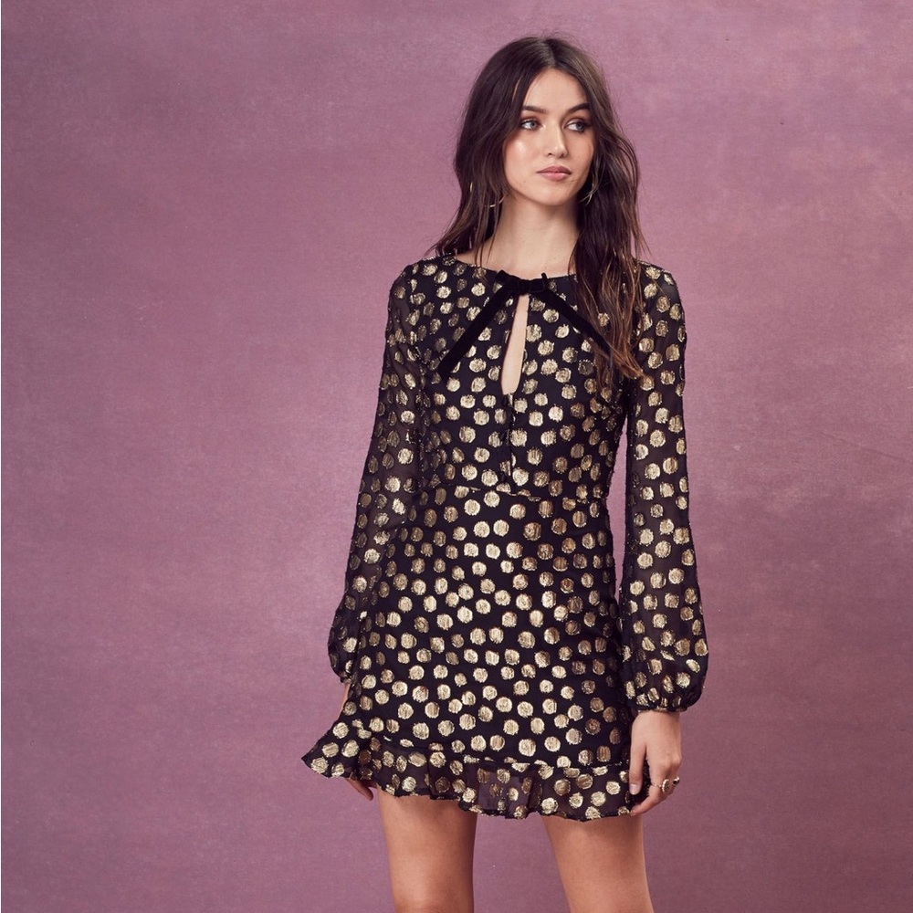 For Love And Lemons - Lottie Bell Sleeve Dress in Gold Dot
